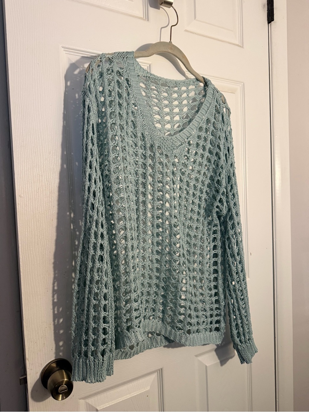 Open-Knit V-Neck Sweater in Pale Blue